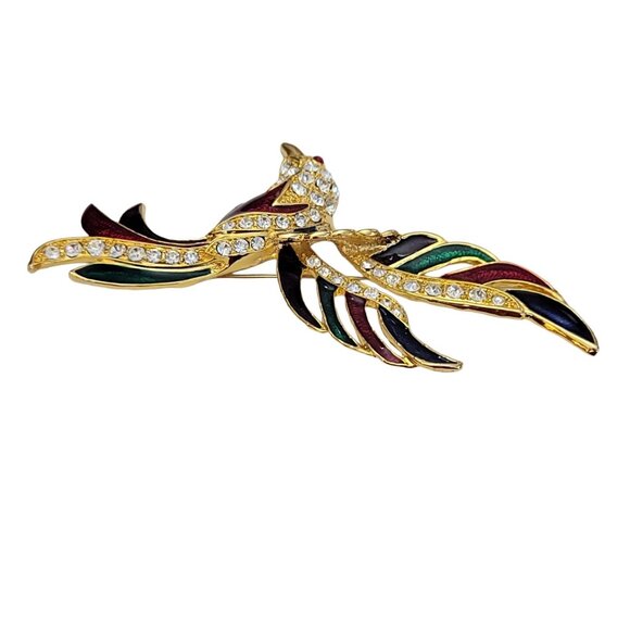 Gold Tone Enamel Clear Rhinestone Statement Large Paradise Bird Brooch, K203 - Picture 3 of 8